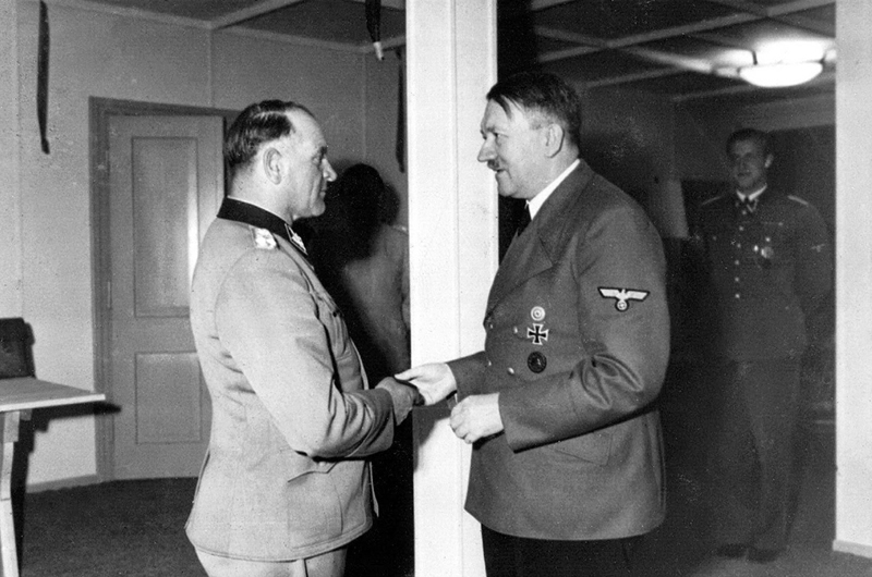 Adolf Hitler presents the Ritterkreuz des Eisernen Kreuzes mit Eichenlaub, Schwerter und Brillanten to Joseph Sepp Dietrich at the Wolfsschanze